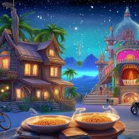Ngôi sao, mì, cây cọ, cung điện, sách